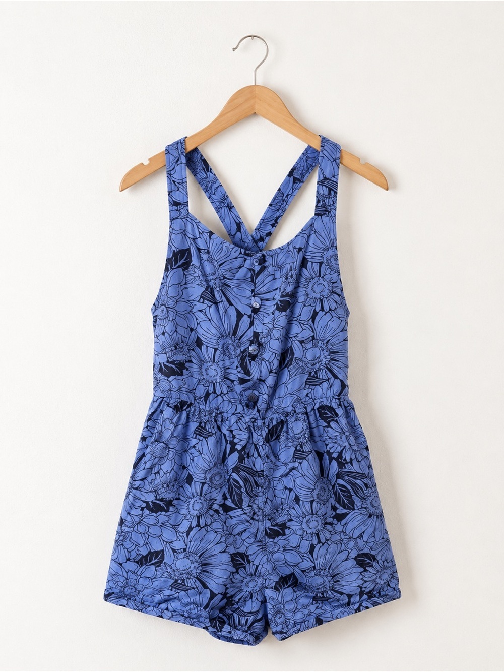 Haute Hippie Girls Blue Floral Romper Boho Sleeveless Button Front Size 7/8
